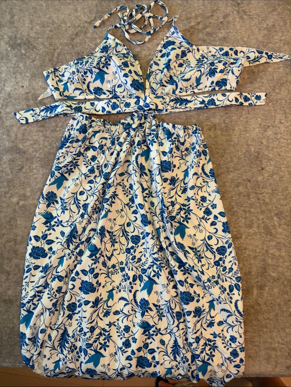 SHEIN Blue & White Floral Tie-Front Midi Dress